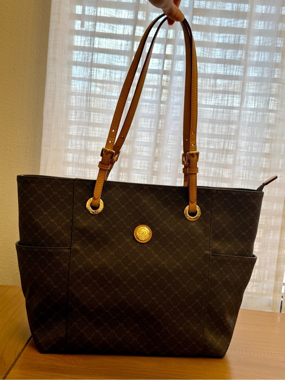 Rioni Moda Italia Canvas Tote Shoulder Bag Brown Monogram Print Handbag J9836Y - Picture 11 of 13